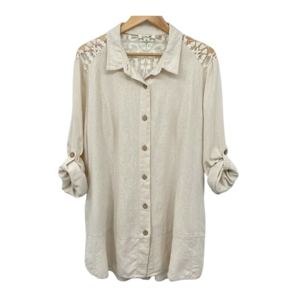 Simply Noelle Linen-Blend Roll-Tab Sleeve Lace Shoulder Button Shirt Size Medium - Picture 2 of 15